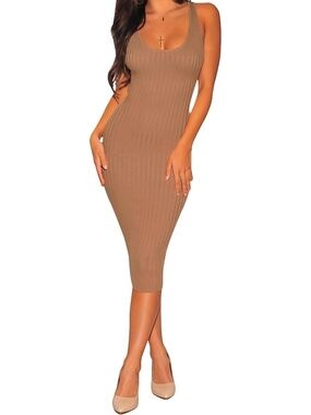 Women Camel-a Scoop Neck Sleeveless Ribbed Knit Casual Bodycon Midi Dress